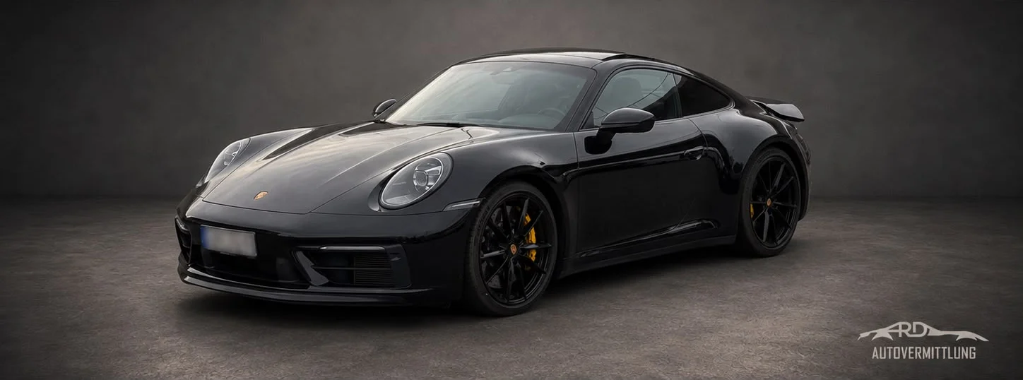 Schwarzer Porsche 911 der Baureihe 992 in der RD Studioumgebung