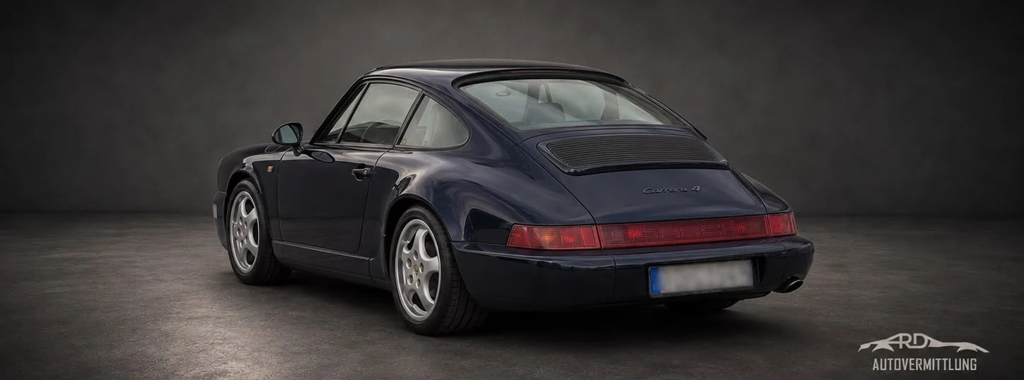 Dunkelblauer Porsche 911 Carrera 4 der Baureihe 964, Heckansicht im Studio